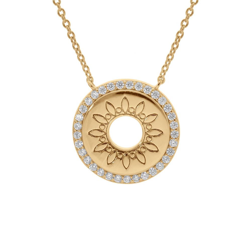 Collier en vermeil pendentif disque motif soleil �vid� entourage d\' oxydes blancs  - 42+3cm - Vue 1