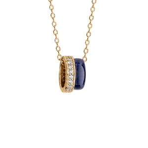 Collier en vermeil pendentif double anneau un en céramique bleu marine et l\'autre entouré d\'oxydes blancs sertis - 40+5cm - Vue 1