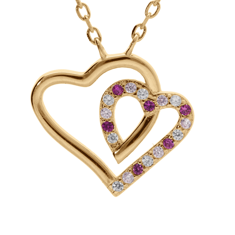 Collier en vermeil pendentif double coeur contour oxydes blancs et roses - 42+3cm - Vue 1
