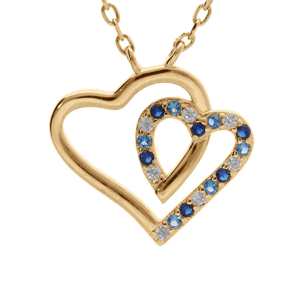 Collier en vermeil pendentif double coeur contour oxydes bleus et blancs - 42+3cm - Vue 1