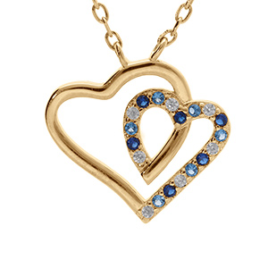 Collier en vermeil pendentif double coeur contour oxydes bleus et blancs - 42+3cm
