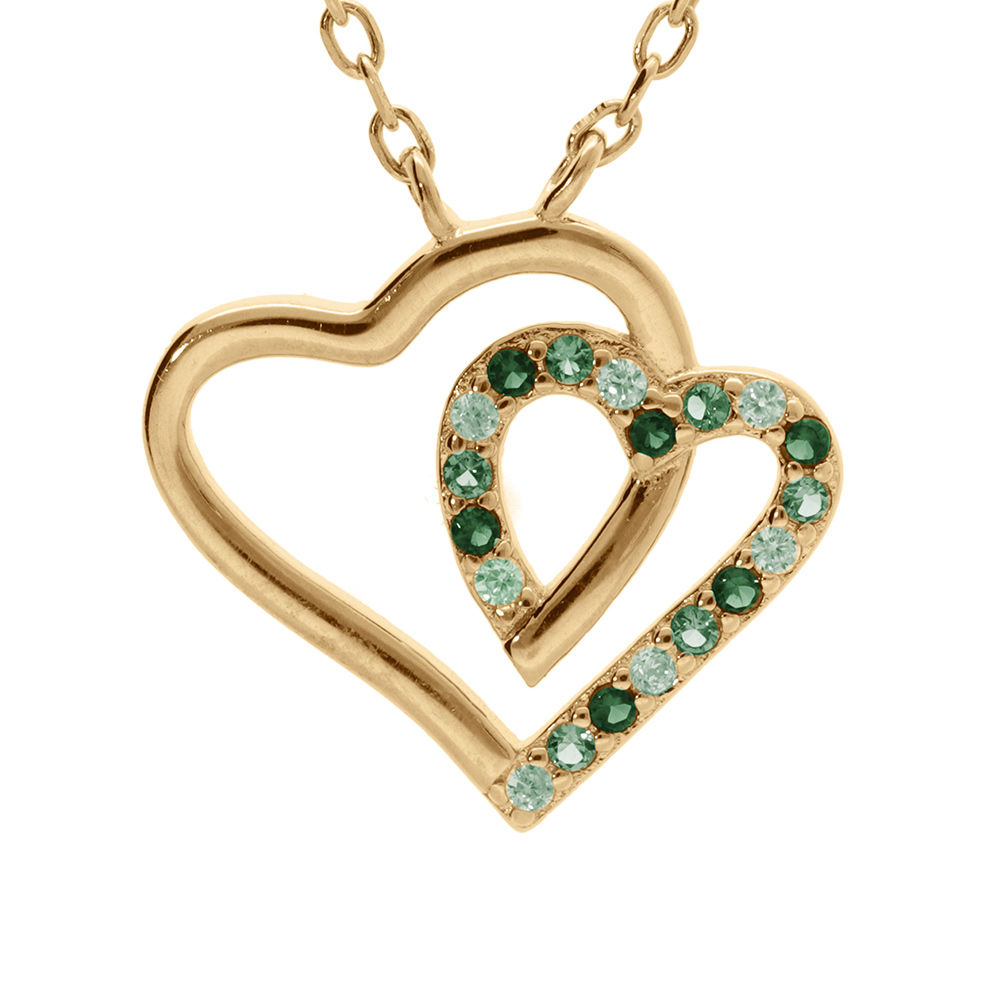Collier en vermeil pendentif double coeur contour oxydes verts et blancs - 42+3cm - Vue 1