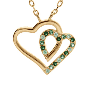 Collier en vermeil pendentif double coeur contour oxydes verts et blancs - 42+3cm