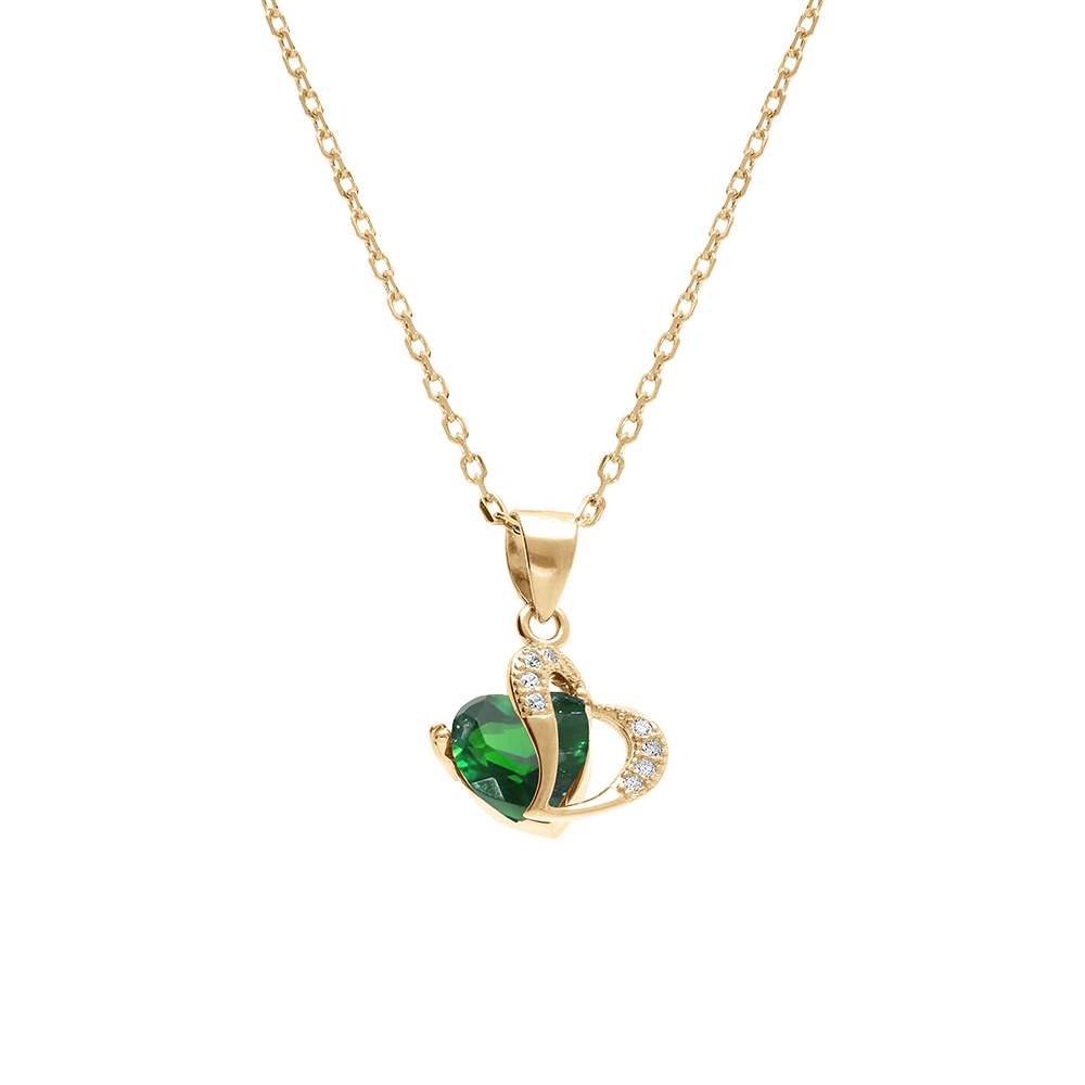 Collier en vermeil pendentif double coeur oxyde vert et blancs  - 40+3cm - Vue 1