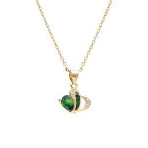 Collier en vermeil pendentif double coeur oxyde vert et blancs - 40+3cm - Vue 1