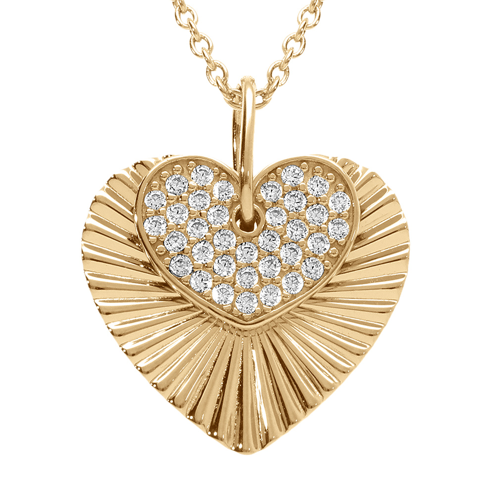 Collier en vermeil pendentif double coeur stri� et oxydes blancs sertis - 42+3cm - Vue 1