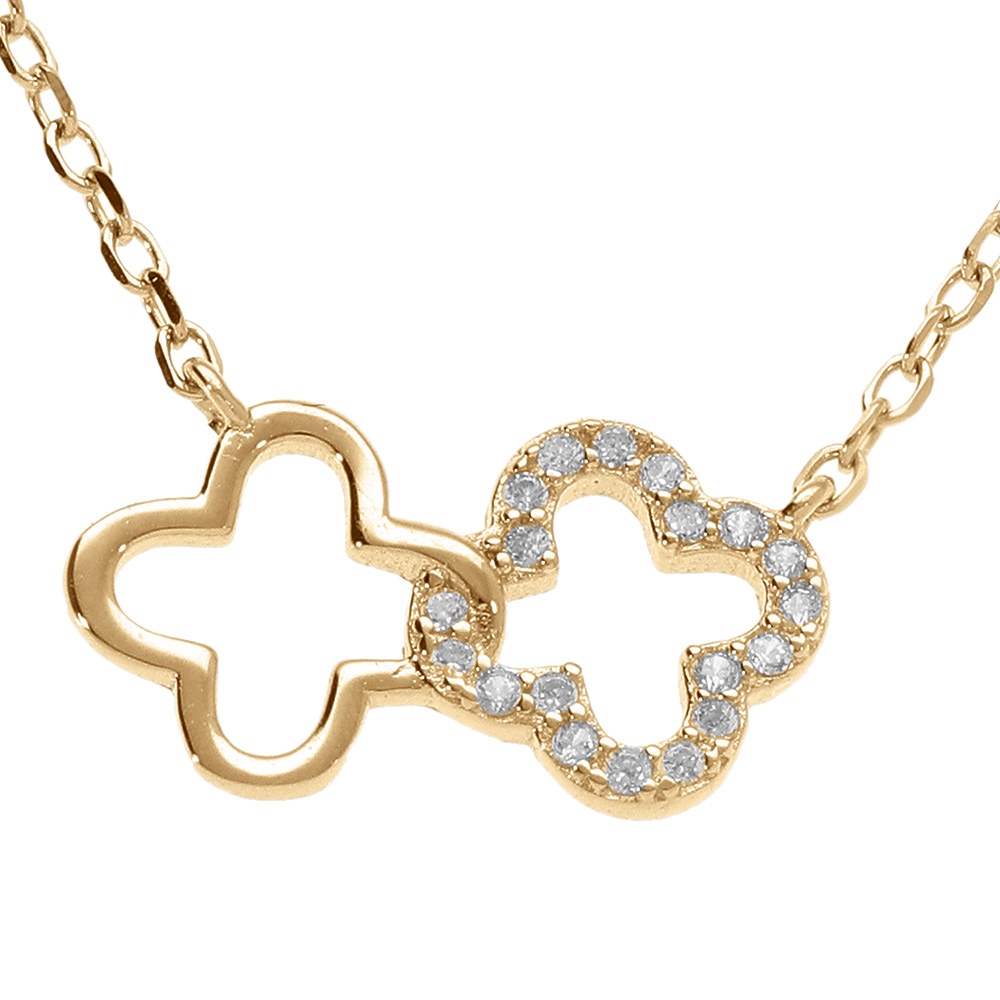 Collier en vermeil pendentif double fleur oyydes blancs sertis - 40+4cm - Vue 1