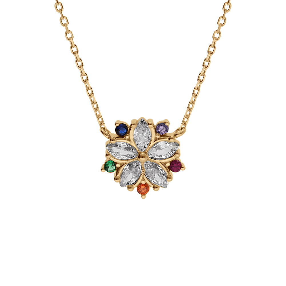 Collier en vermeil pendentif fleur avec oxydes blancs et multi couleurs  - 40+4cm - Vue 1