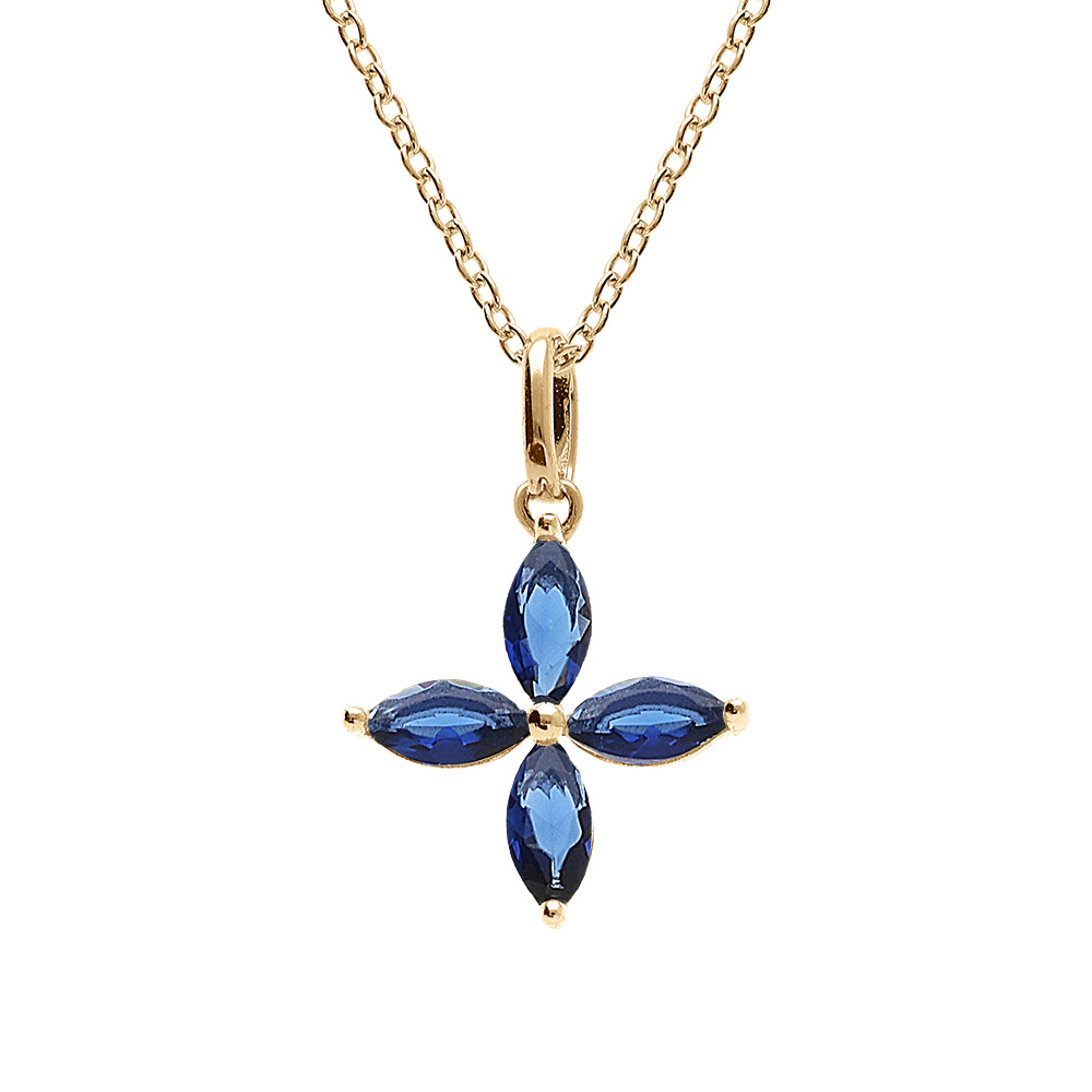 Collier en vermeil pendentif fleur en verre bleu fonc� - 40+4cm - Vue 1
