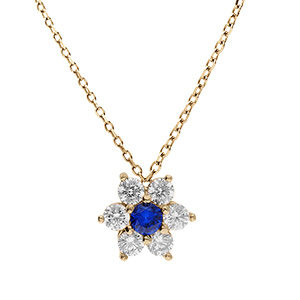 Collier en vermeil pendentif fleur marguerite oxyde central bleu fonc et ptales d'oxydes  blancs sertis - 40+5cm