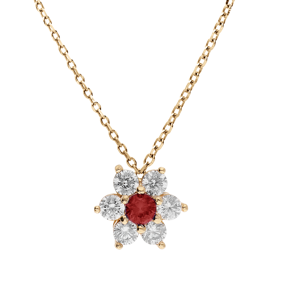 Collier en vermeil pendentif fleur marguerite oxyde central rouge fonc� et p�tales d\'oxydes  blancs sertis - 40+5cm - Vue 1