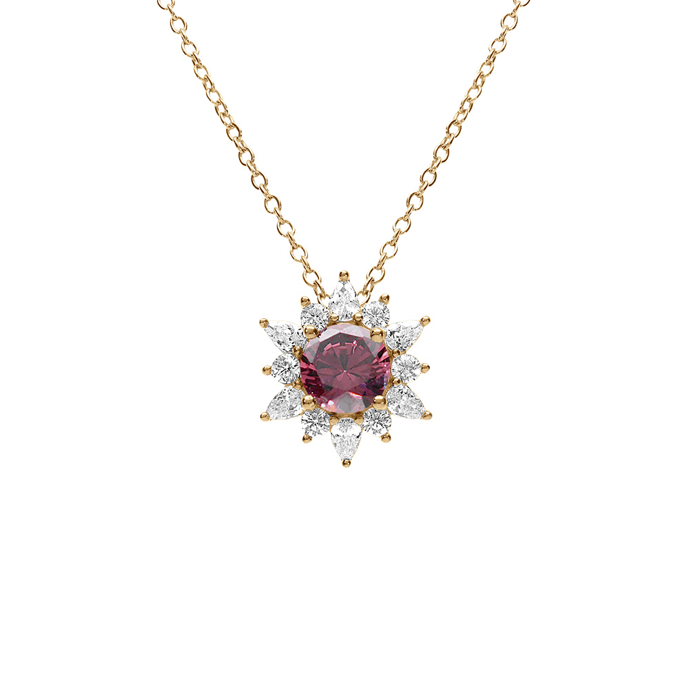 Collier en vermeil pendentif fleur oxyde rose  et contour d\'oxydes blancs  - 42+3cm - Vue 1