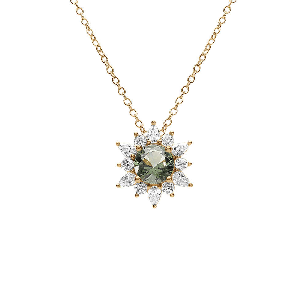 Collier en vermeil pendentif fleur oxyde vert et contour d\'oxydes blancs  - 42+3cm - Vue 1