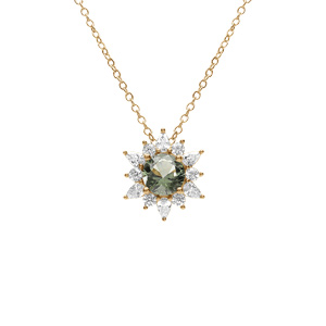 Collier en vermeil pendentif fleur oxyde vert et contour d\'oxydes blancs - 42+3cm - Vue 1