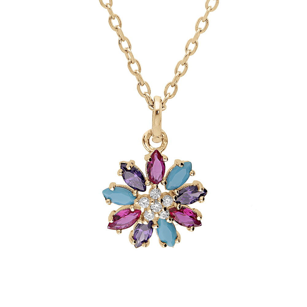 Collier en vermeil pendentif fleur par�e d\'oxydes multi couleurs - 42+3cm - Vue 1