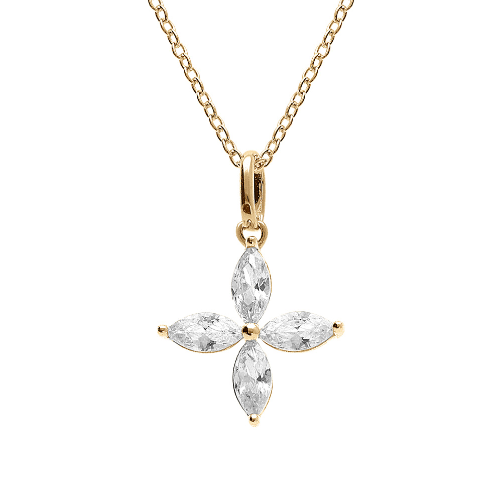 Collier en vermeil pendentif fleur quatre p�tales en oxyde blanc - 40+4cm - Vue 1