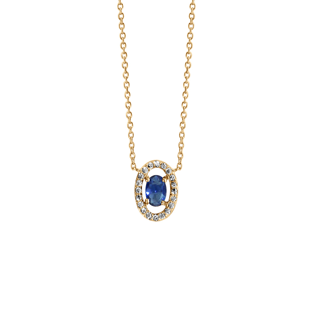 Collier en vermeil pendentif forme ovale verre bleu fonc� entourage oxydes blancs sertis - 40+4cm - Vue 1