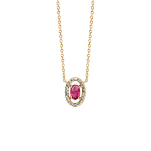 Collier en vermeil pendentif forme ovale verre fushia entourage oxydes blancs sertis - 40+4cm - Vue 1