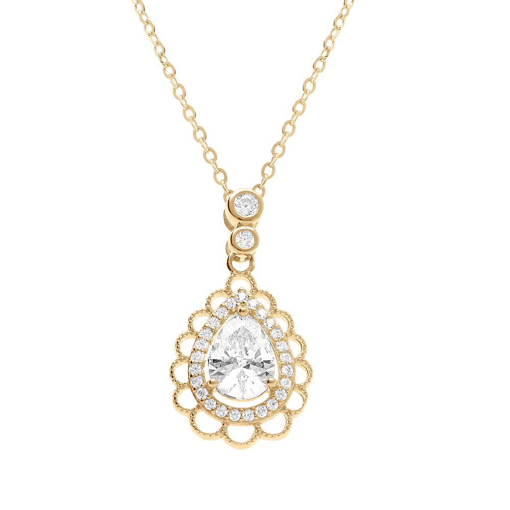 Collier en vermeil pendentif goutte avec oxydes blancs sertis et contour dentel� - 40+4cm - Vue 1