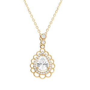 Collier en vermeil pendentif goutte avec oxydes blancs sertis et contour dentel - 40+4cm