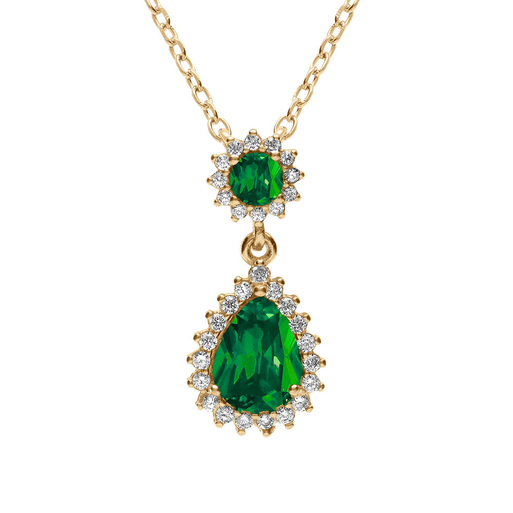 Collier en vermeil pendentif goutte d\'oxydes vert et contour d\'oxydes blancs sertis - 42+3cm - Vue 1