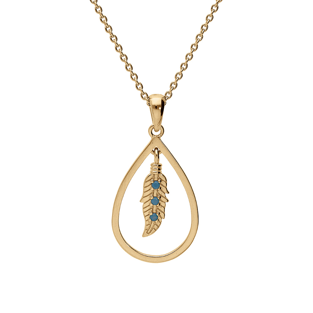 Collier en vermeil pendentif goutte �vid�e avec plume et oxyde bleu - 42+3cm - Vue 1