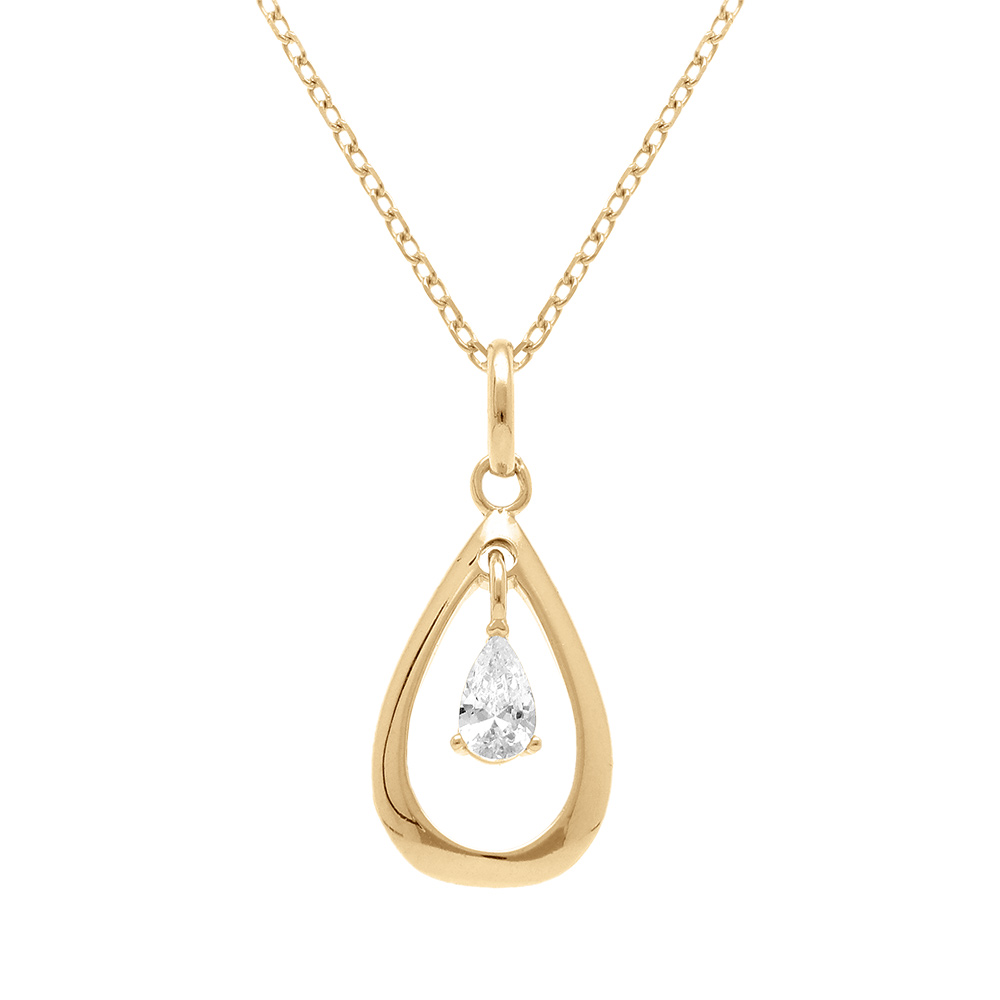 Collier en vermeil pendentif goutte ovale 15mm avec goutte d\'oxyde blanc -  42+3cm - Vue 1