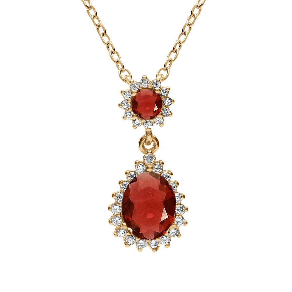 Collier en vermeil pendentif goutte oxyde rouge et contour d\'oxydes blancs sertis - 42+3cm - Vue 1