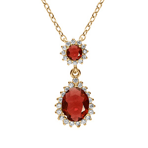 Collier en vermeil pendentif goutte oxyde rouge et contour d'oxydes blancs sertis - 42+3cm