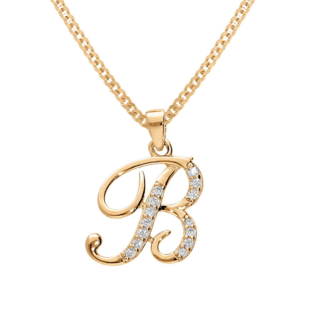 Collier en vermeil pendentif initiale B oxydes blancs sertis  - 42+3cm - Vue 1