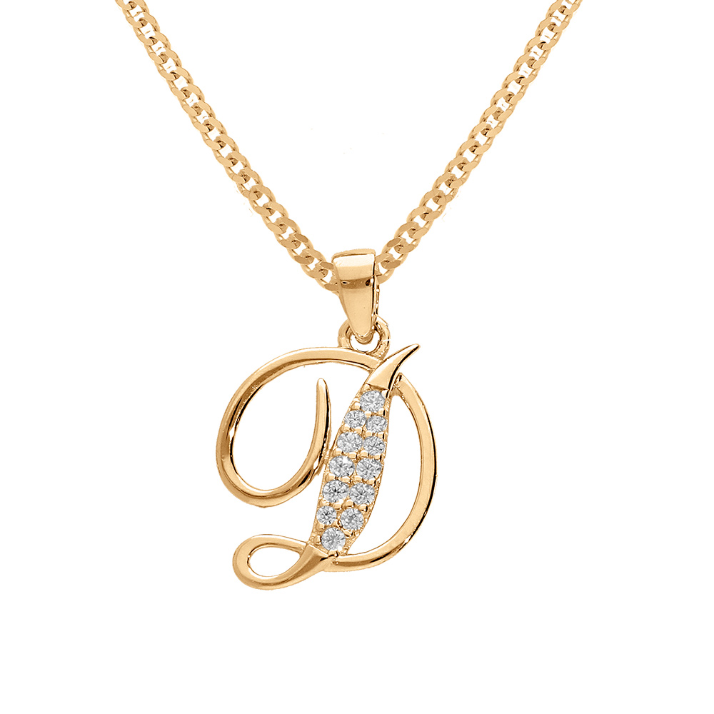 Collier en vermeil pendentif initiale D oxydes blancs sertis  - 42+3cm - Vue 1
