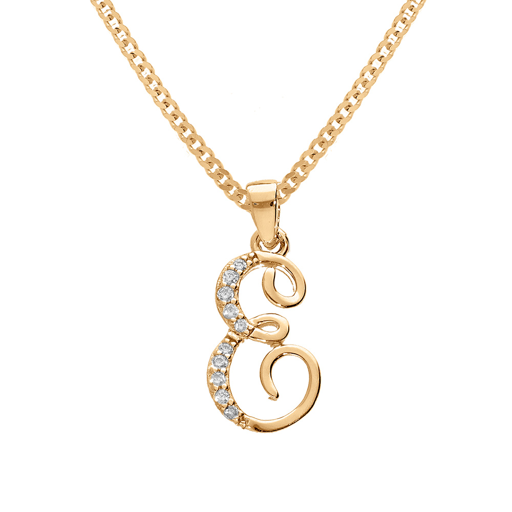 Collier en vermeil pendentif initiale E oxydes blancs sertis  - 42+3cm - Vue 1