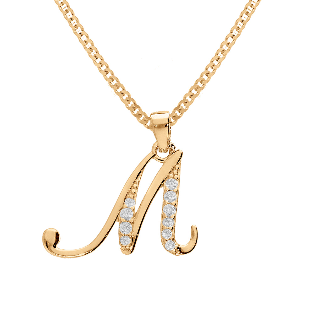 Collier en vermeil pendentif initiale M oxydes blancs sertis  - 42+3cm - Vue 1