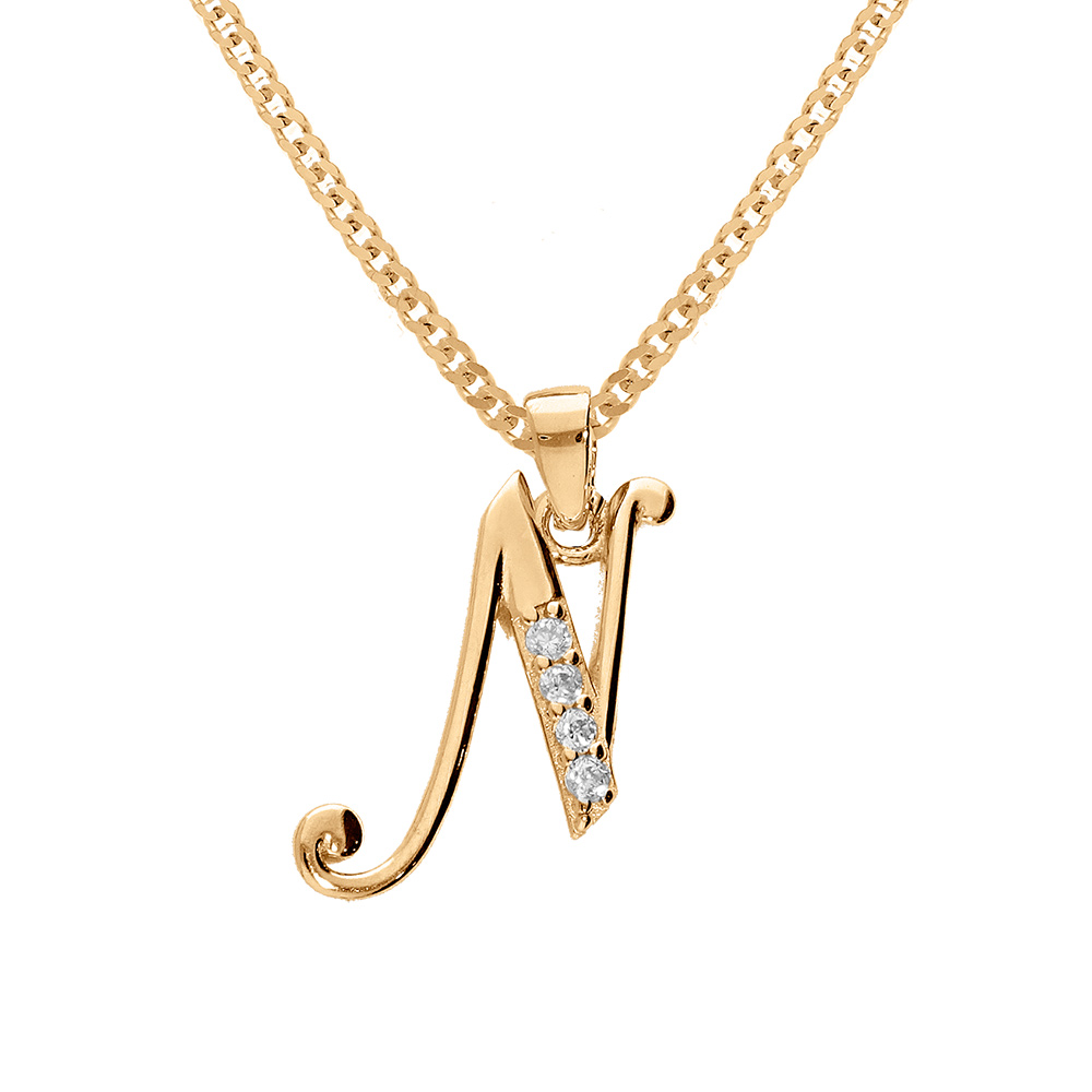 Collier en vermeil pendentif initiale N oxydes blancs sertis  - 42+3cm - Vue 1