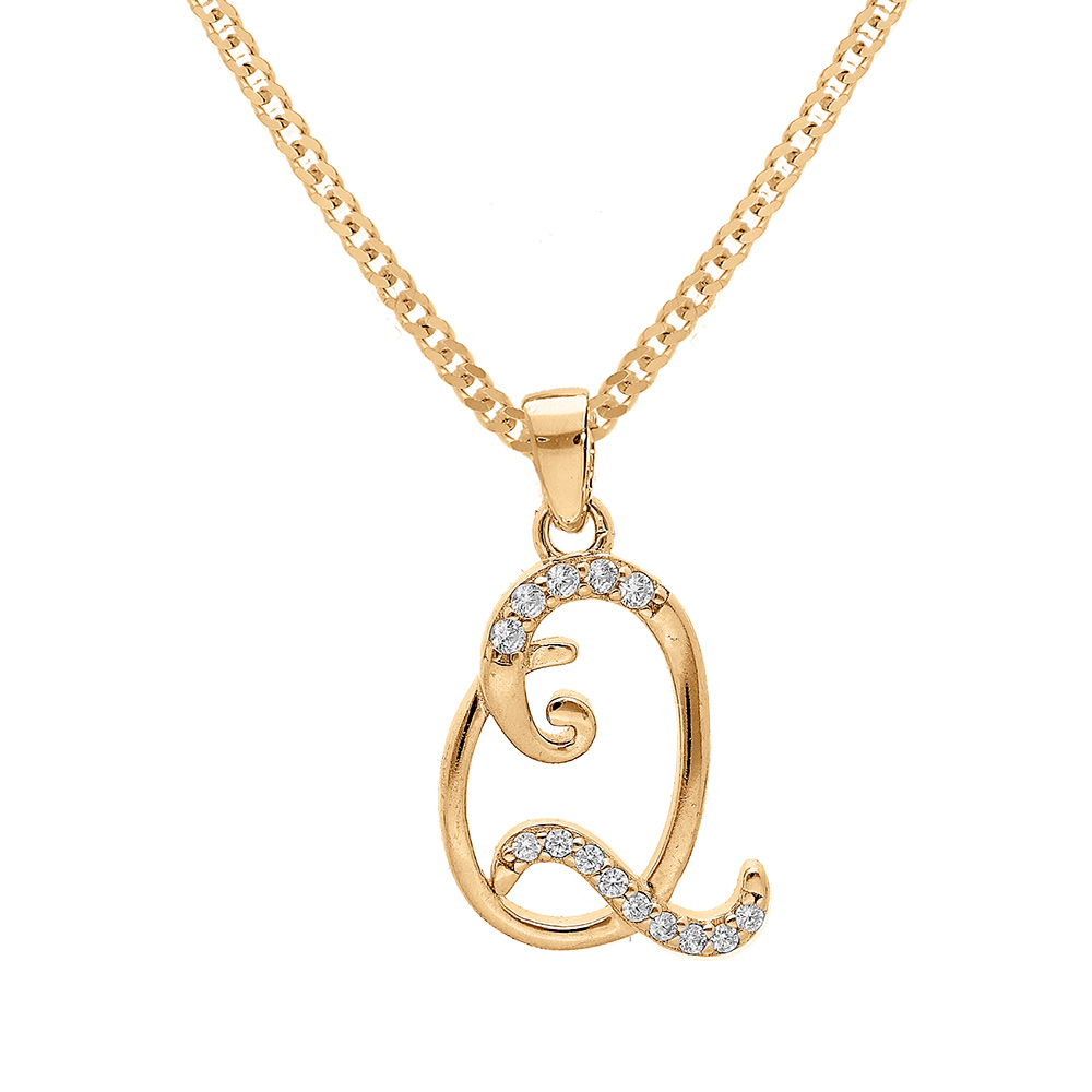Collier en vermeil pendentif initiale Q oxydes blancs sertis  - 42+3cm - Vue 1