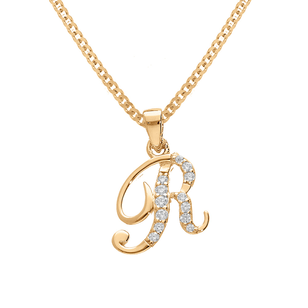 Collier en vermeil pendentif initiale R oxydes blancs sertis  - 42+3cm - Vue 1