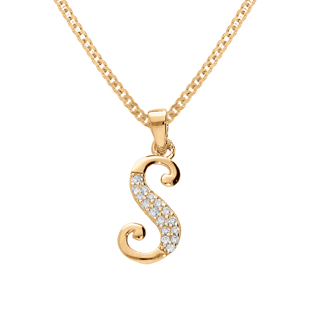 Collier en vermeil pendentif initiale S oxydes blancs sertis  -  42+3cm - Vue 1