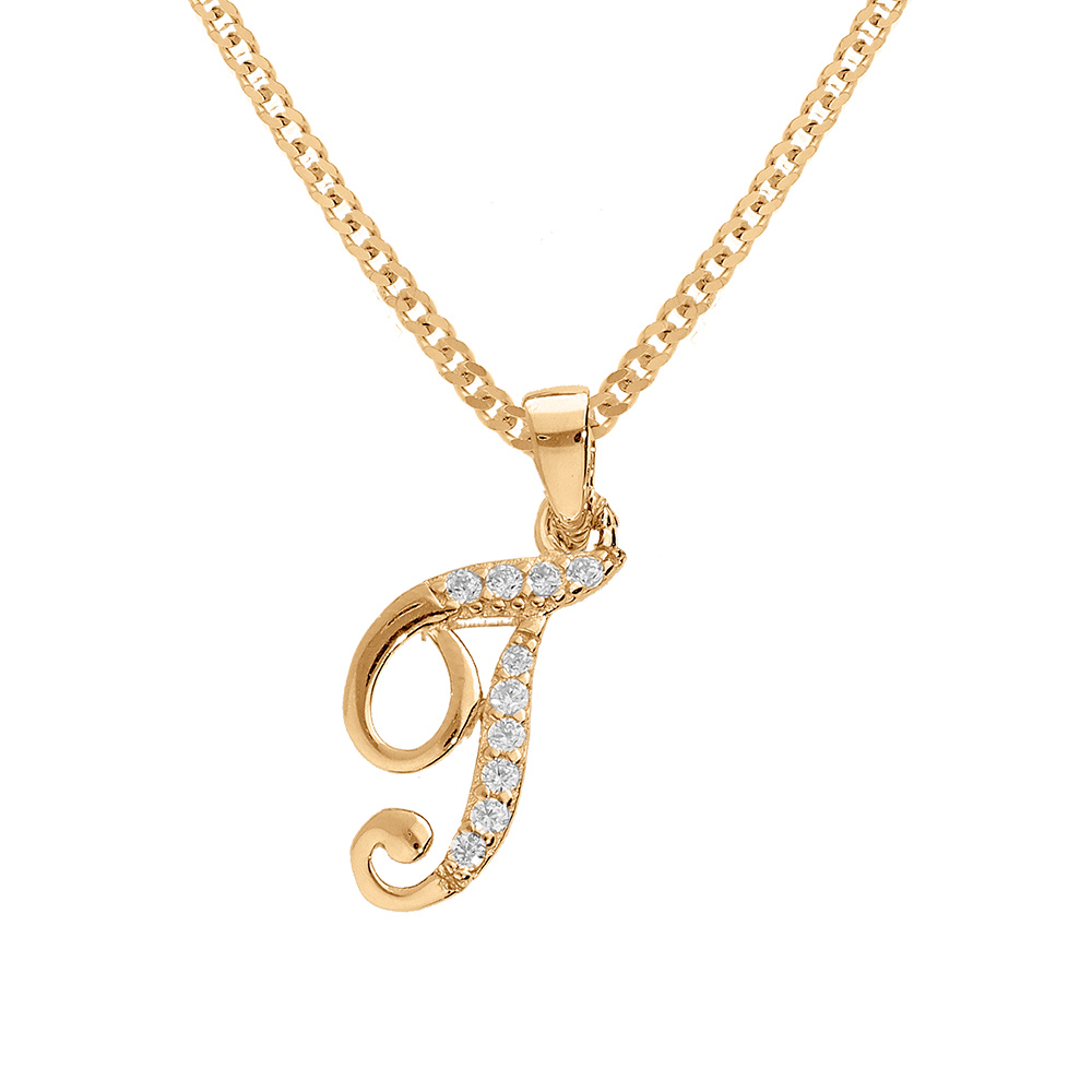 Collier en vermeil pendentif initiale T oxydes blancs sertis  - 42+3cm - Vue 1