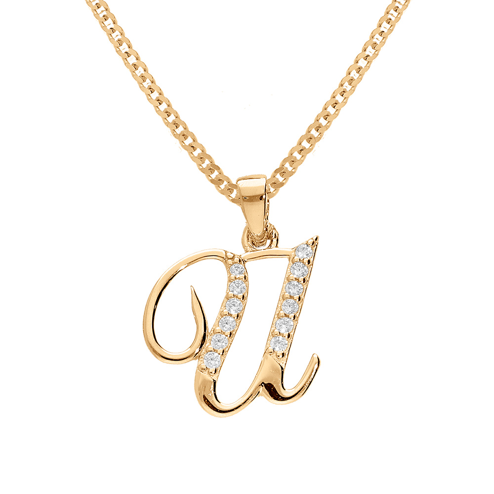Collier en vermeil pendentif initiale U oxydes blancs sertis  - 42+3cm - Vue 1