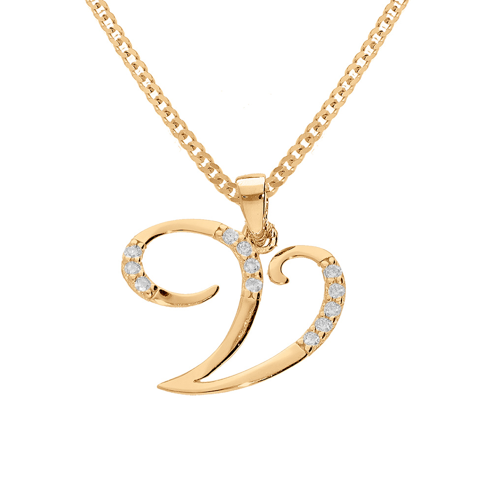 Collier en vermeil pendentif initiale V oxydes blancs sertis  - 42+3cm - Vue 1