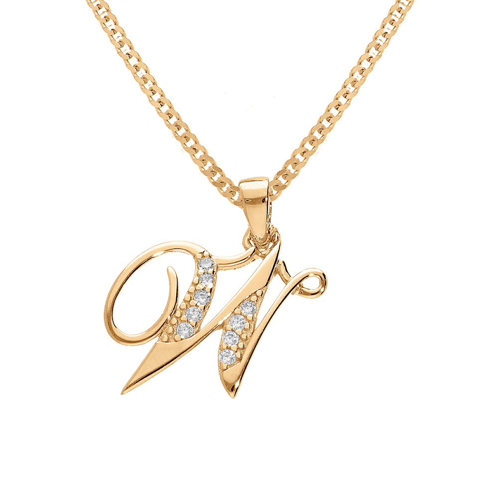 Collier en vermeil pendentif initiale W oxydes blancs sertis  - 42+3cm - Vue 1