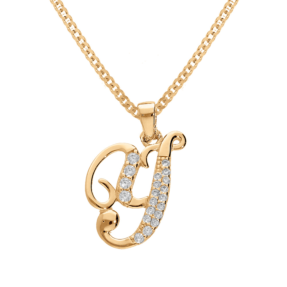 Collier en vermeil pendentif initiale Y oxydes blancs sertis  - 42+3cm - Vue 1