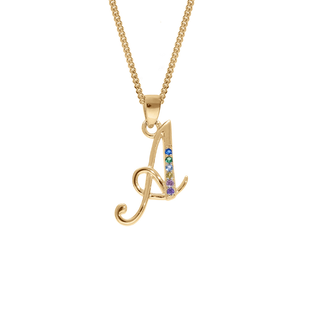 Collier en vermeil pendentif initiale A oxydes multi couleurs sertis - 42+3cm - Vue 1