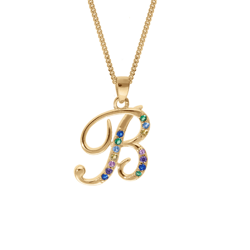 Collier en vermeil pendentif initiale B oxydes multi couleurs sertis  - 42+3cm - Vue 1