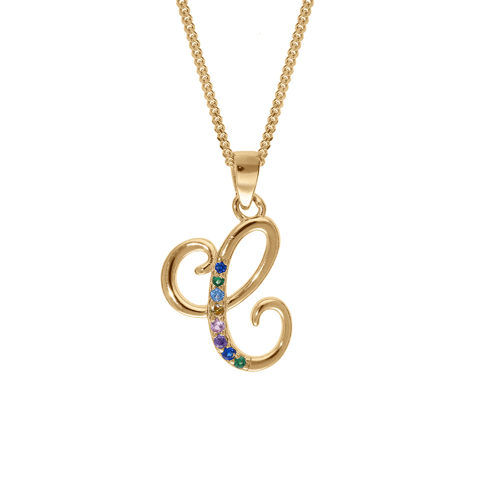 Collier en vermeil pendentif initiale C oxydes multi couleurs sertis  - 42+3cm - Vue 1