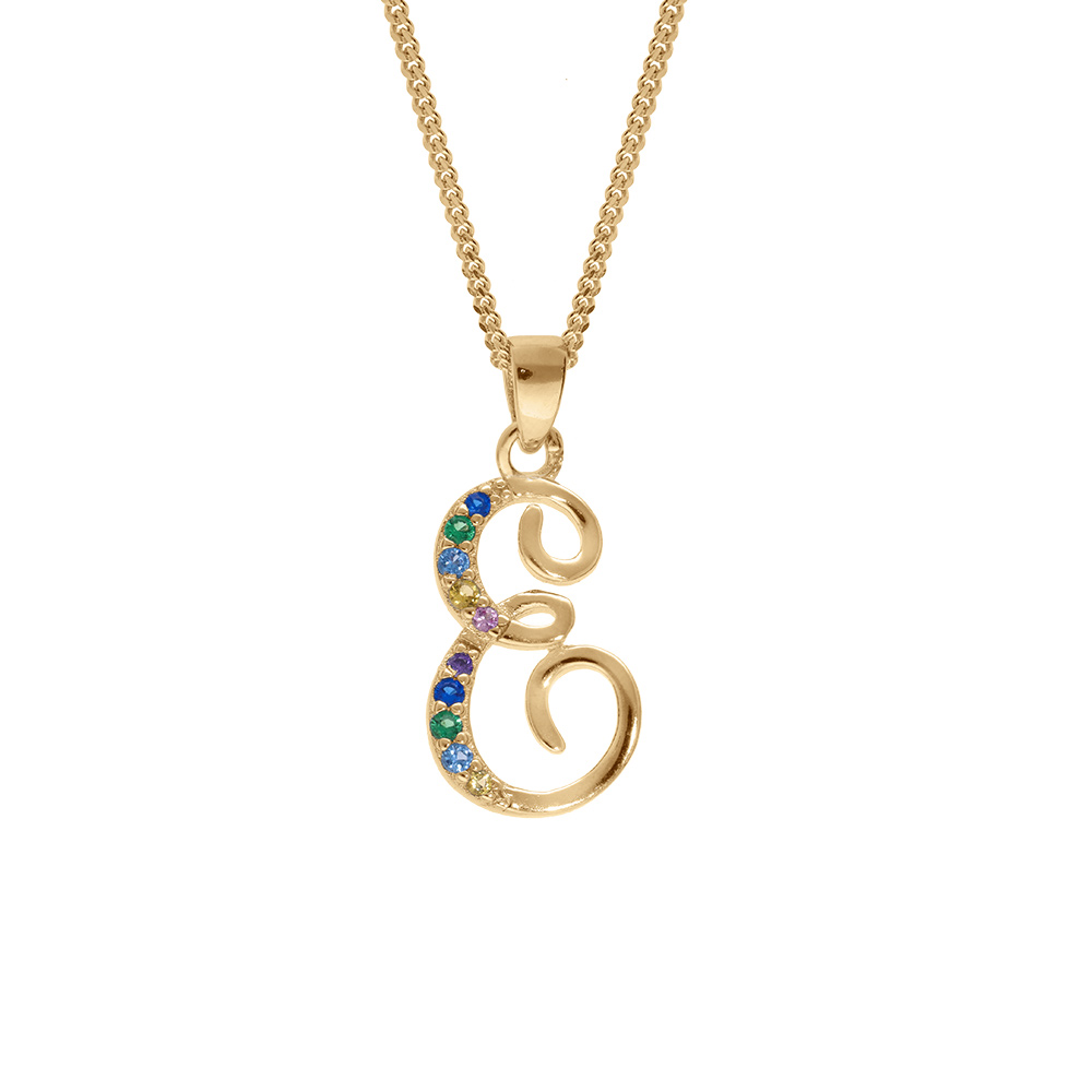 Collier en vermeil pendentif initiale E oxydes multi couleurs sertis  -42+3cm - Vue 1