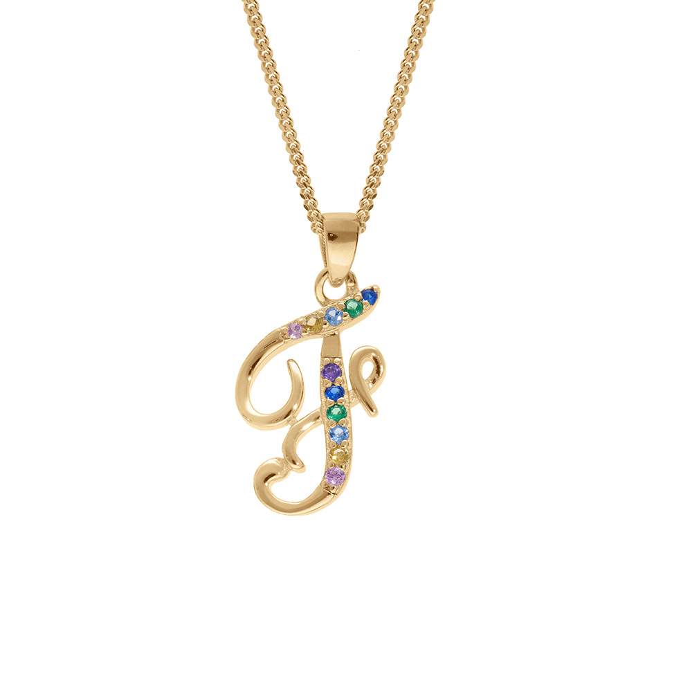 Collier en vermeil pendentif initiale F oxydes multi couleurs sertis  - 42+3cm - Vue 1