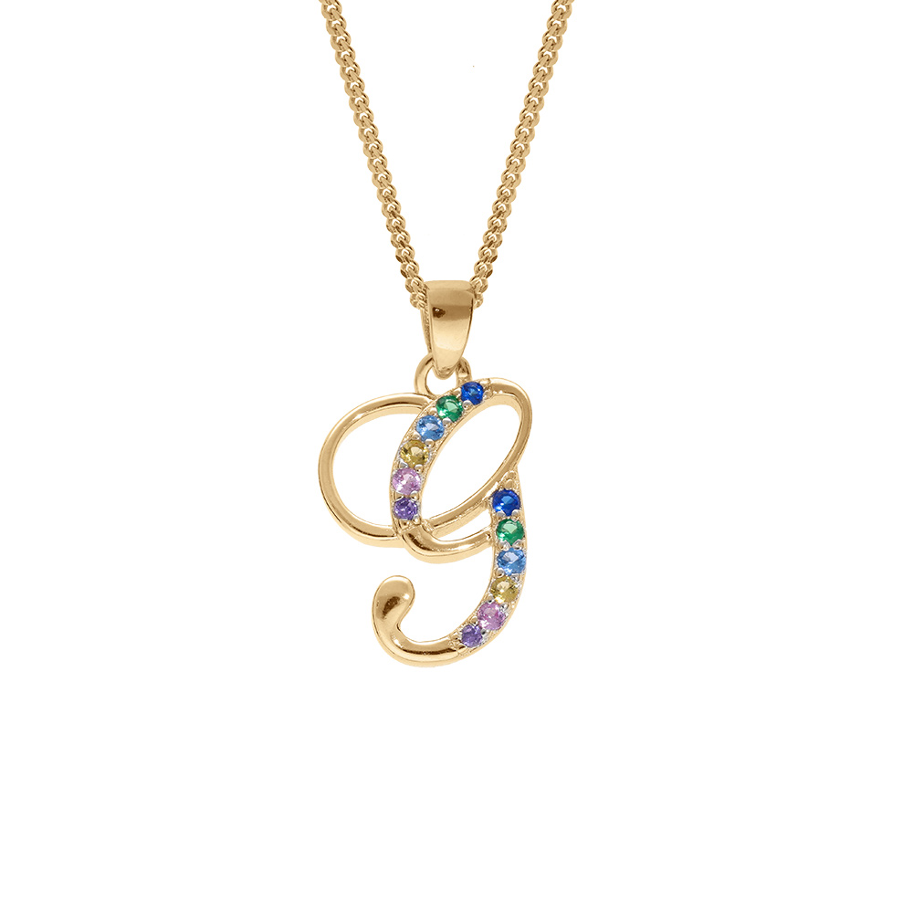 Collier en vermeil pendentif initiale G oxydes multi couleurs sertis - 42+3cm - Vue 1