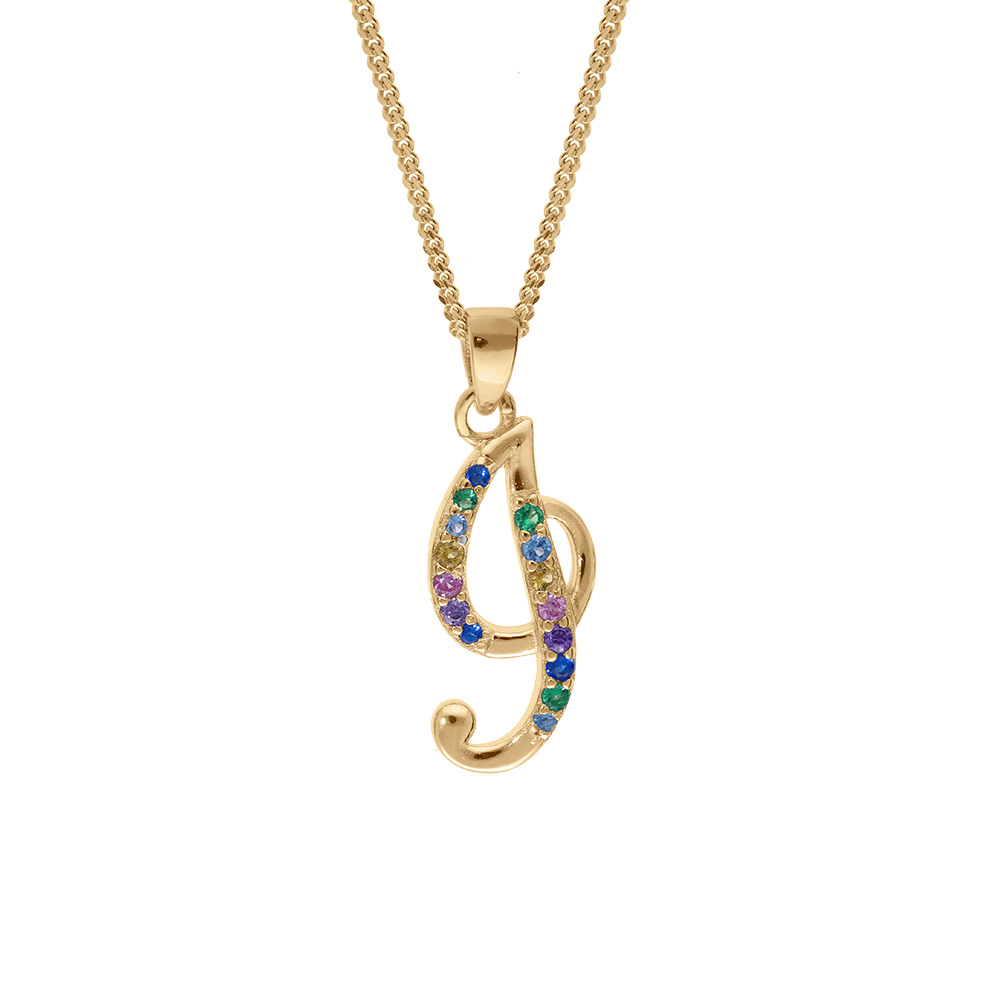 Collier en vermeil pendentif initiale i oxydes multi couleurs sertis - 42+3cm - Vue 1