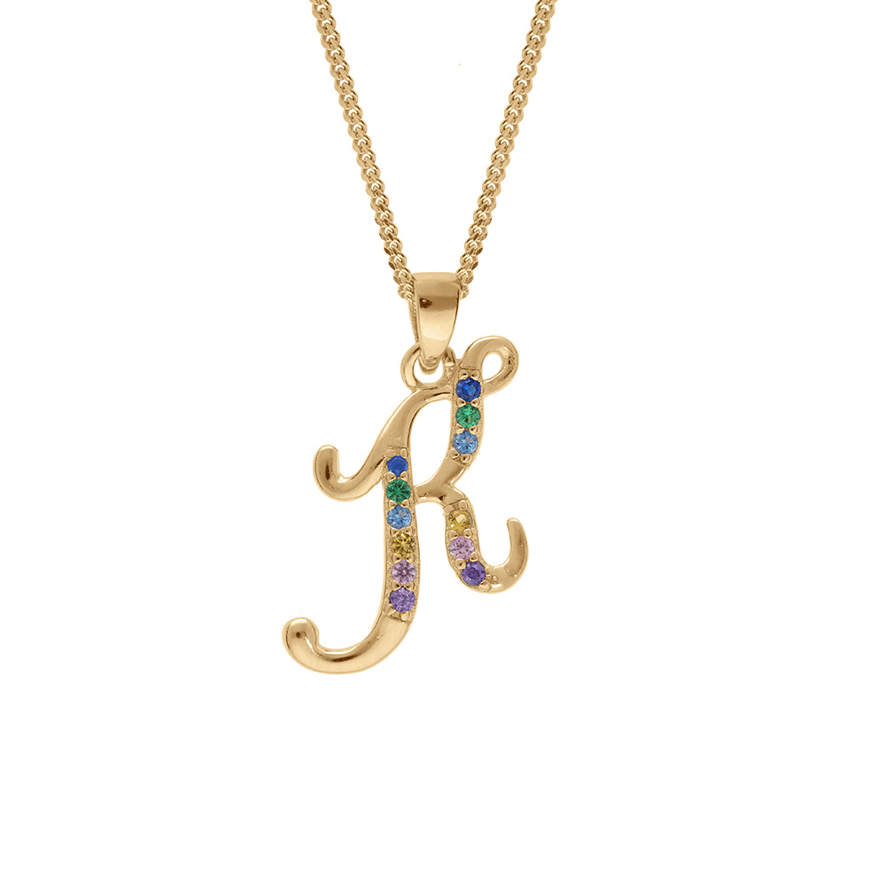 Collier en vermeil pendentif initiale K oxydes multi couleurs sertis  - 42+3cm - Vue 1